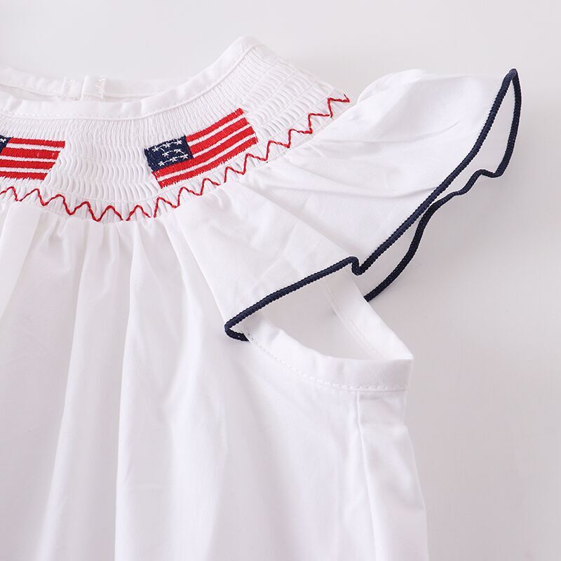 Girls July 4th Patriotic Flag Smocked Embroidery Dress