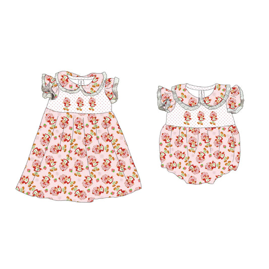 Girls Sister Summer Strawberry Pink Lace Embroidery Dress & Bubble