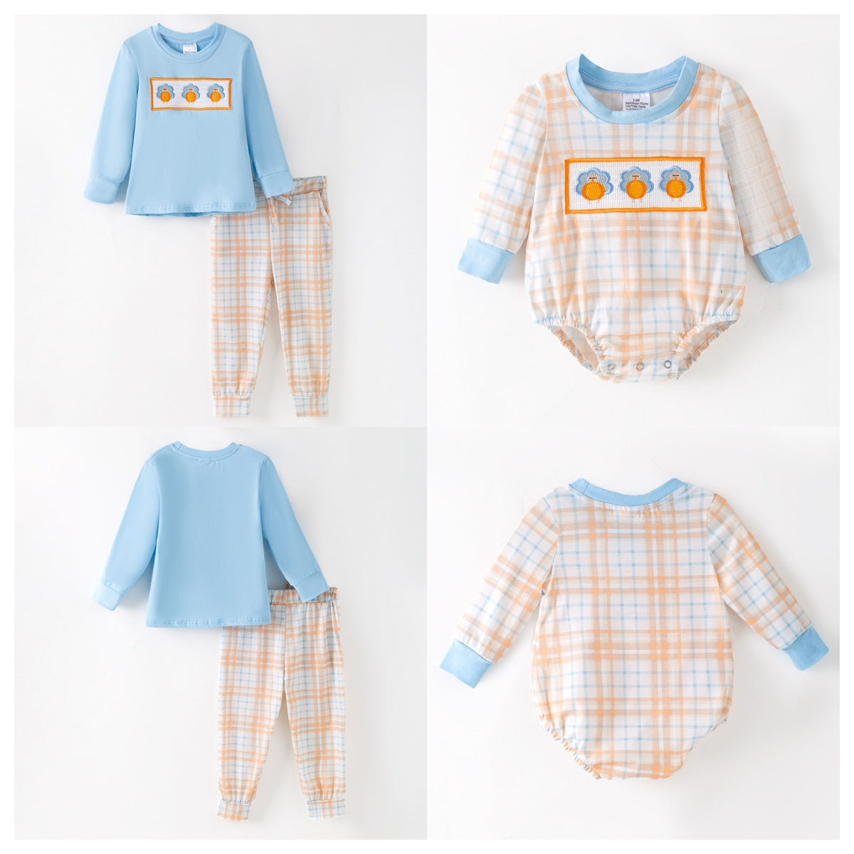 Thanksgiving Boys Smocked Outfit Set – Turkey Embroidery Sibling Collection