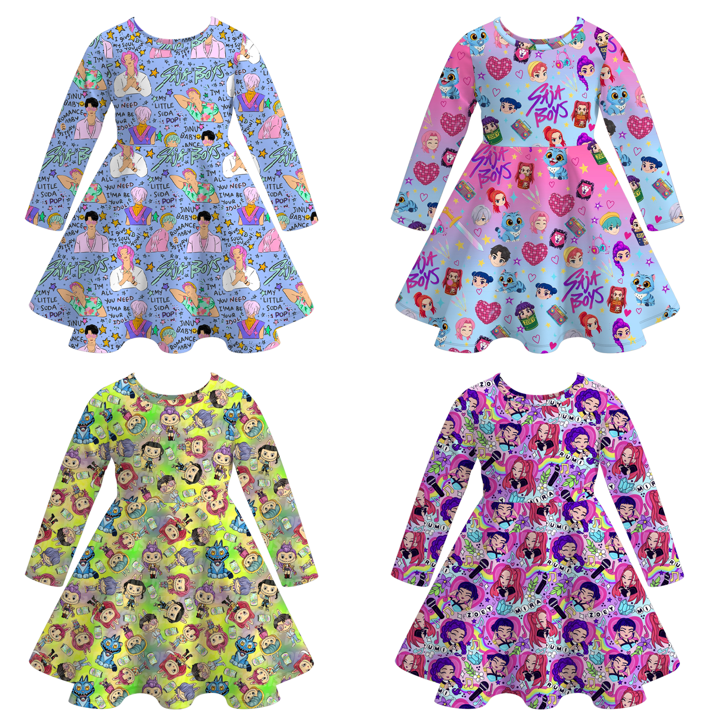 Girls Fashion Kpop Demon Hunter Print Long Sleeves Twirl Dress