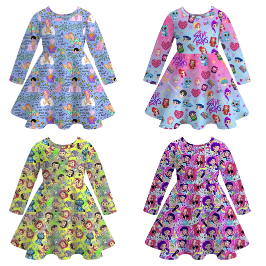 Girls Fashion Kpop Demon Hunter Print Long Sleeves Twirl Dress