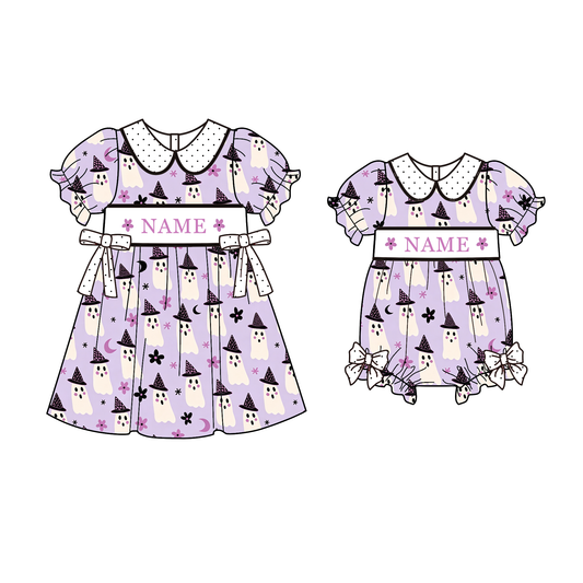 Personalized Halloween Smocked Embroidered Girls Dress | Custom Name Ghost Boutique Dress | Handmade Smocking Collection