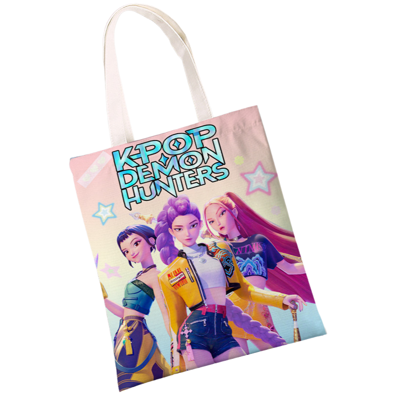 K-Pop Demon Hunters & Fansa Boy Group Double-Sided Printed Canvas Tote Bag, Large Capacity Shoulder Bag