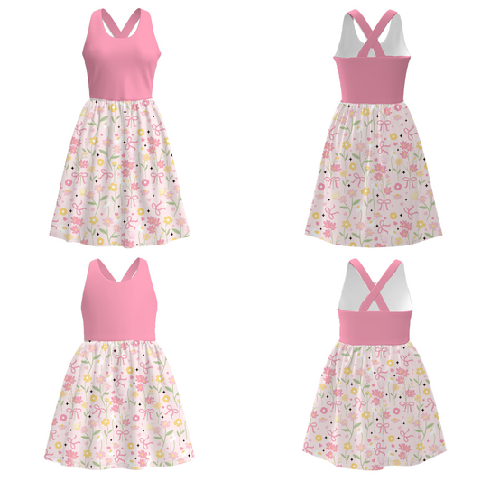 Mommy And Me Mother's Day Pink Bow Floral Print Dress