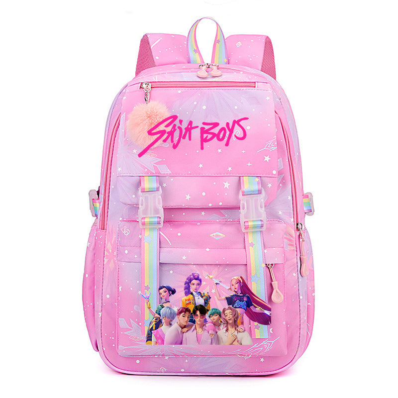 Kpop Demon Hunters Rainbow Print Backpack, Lightweight Student School Bag