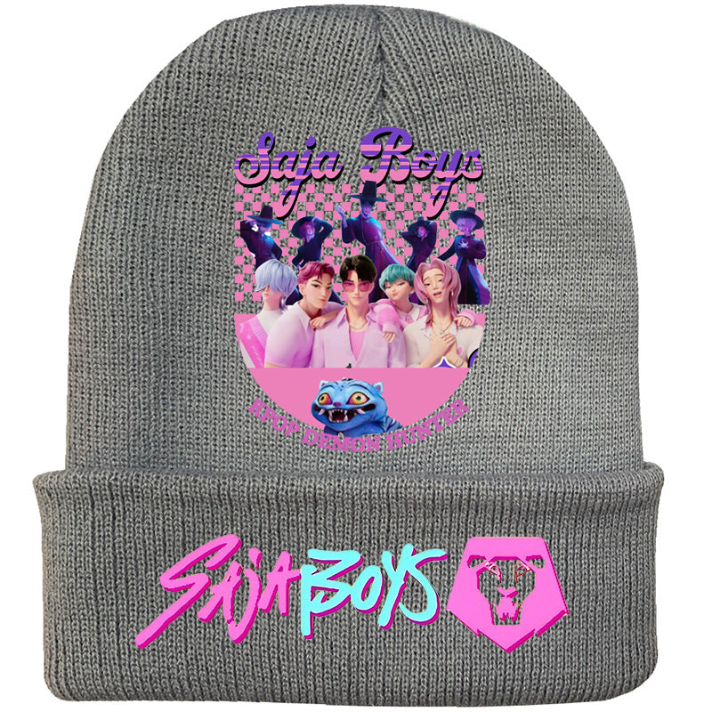 K-Pop Demon Hunters Anime Beanie, Fashion Knitted Cuffed Hat with Print, Outdoor Adult Winter Cap