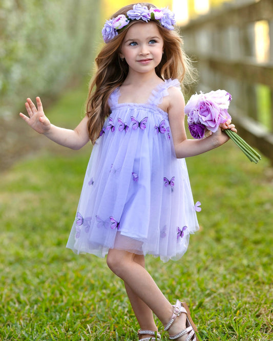 Girls Summer Party Lavender Butterfly Tulle Dress