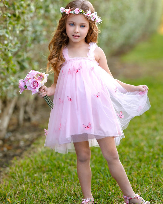 Girls Summer Party Pink Red Butterfly Tulle Dress