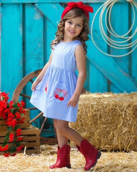 Girls Summer Cherry Embroidered Pocket Blue Stripes Dress