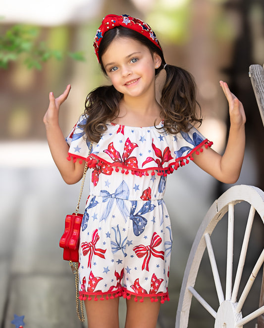 Girls Summer July 4th Red Blue Bow Jumpsuit