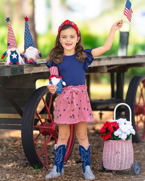 Girls July 4th Navy Ruffled Top Star Stripes Short Set