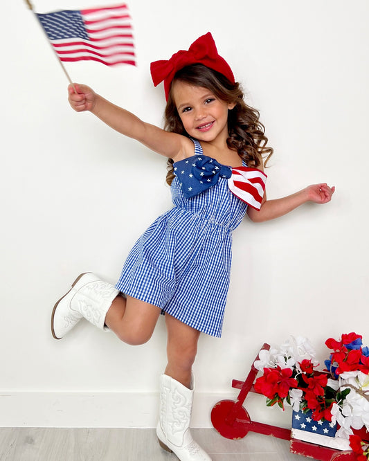 Girls July 4th Blue Plaid Flag Bow Jumpsuit