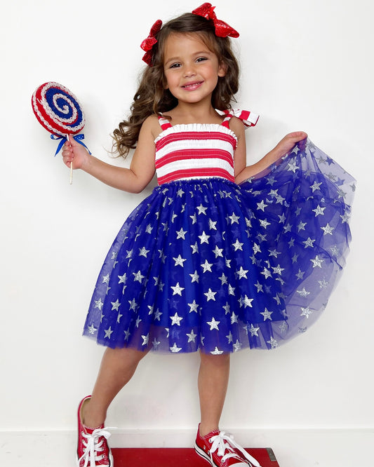 Girls July 4th Red Stripes Smocked Blue Star Tulle Dress