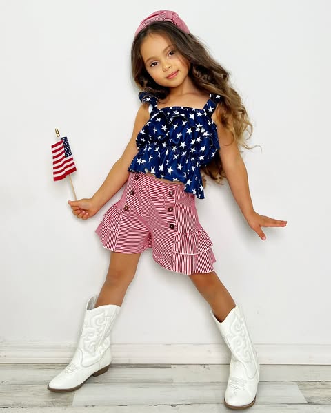 Girls Summer July 4th Navy Red Star Ruffled Short Set