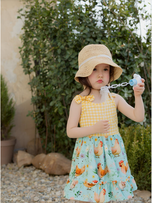 Girls' Summer Farm Yellow Plaid Chick Floral Print Dress