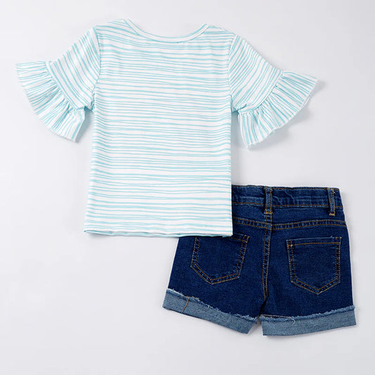 Girls Back To School Apple Rainbow Denim Short Set