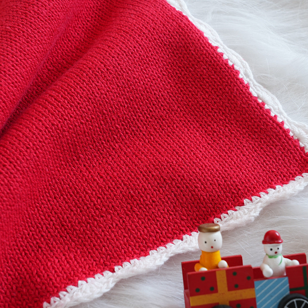 Classic Knitted Baby Blanket – Red Cotton Baby Blanket with Train Embroidery