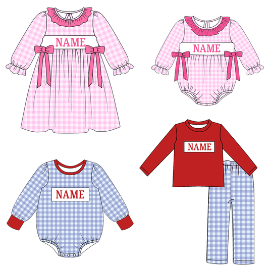 Personalized Kids Valentine's Day & Christmas Smocked Outfits – Custom Name Embroidered Pink Gingham Dress, Baby Rompers & Boys Pants Set
