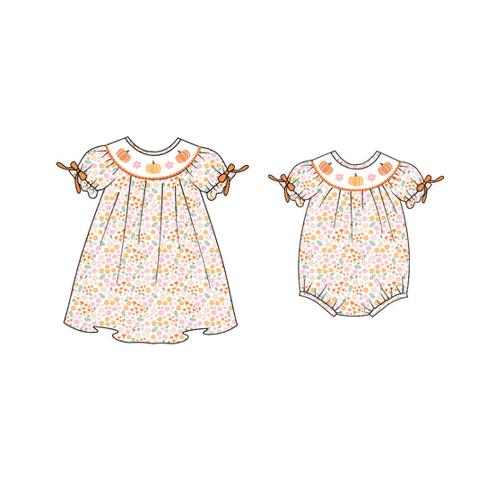 Sister Girls Halloween Floral Pumpkin Embroidery Dress Romper