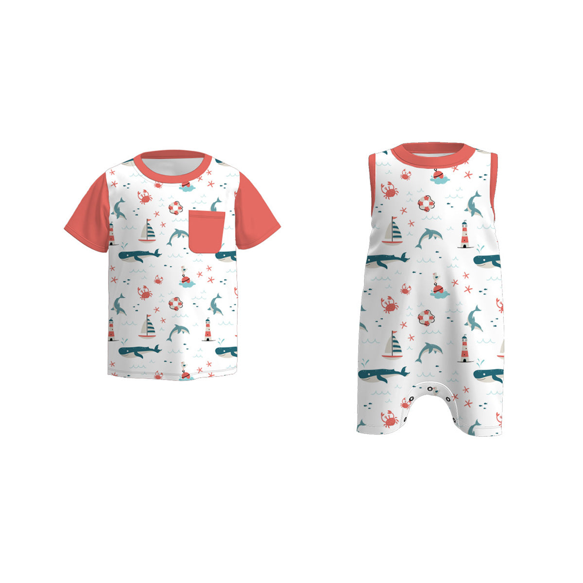 Baby Boys Sibling Summer Red Sea Fish Boat Lighthouse Clothes