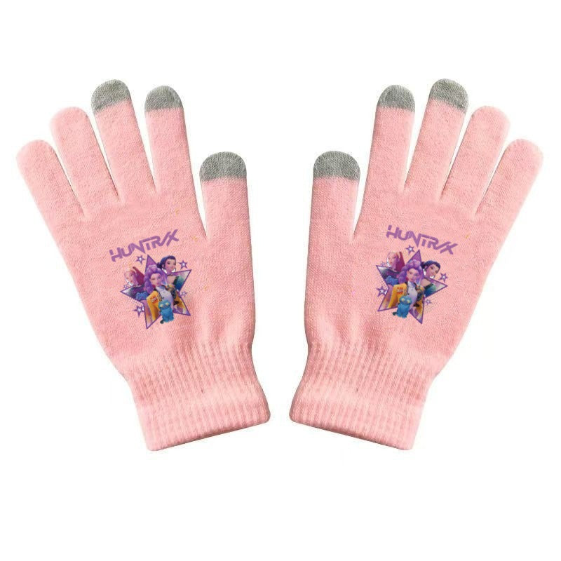 K-Pop Demon Hunters Kids Gloves for Boys and Girls Warm Dopamine Style Knitted Printed Gloves for Fall and Winter