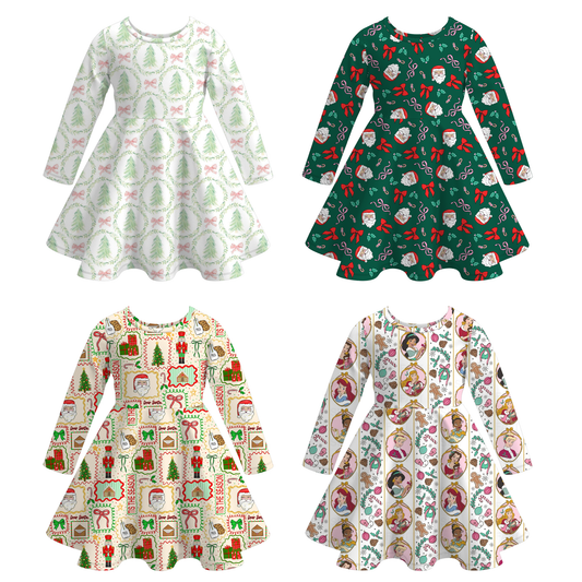 Girls Christmas Santa Tree Nutcracker Cartoon Long Sleeves Twirl Dress