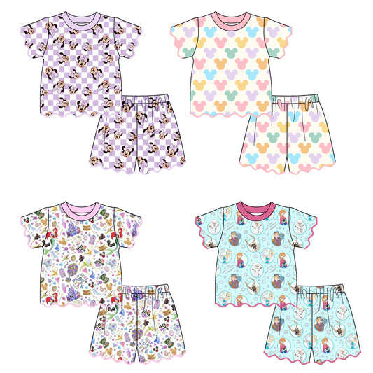 Summer Character Cartoon Printed Scallop Embroidered Trim Short Set