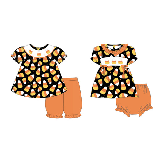 Girls Sister Halloween Corn Smock Embroidery Short & Ropmer Set