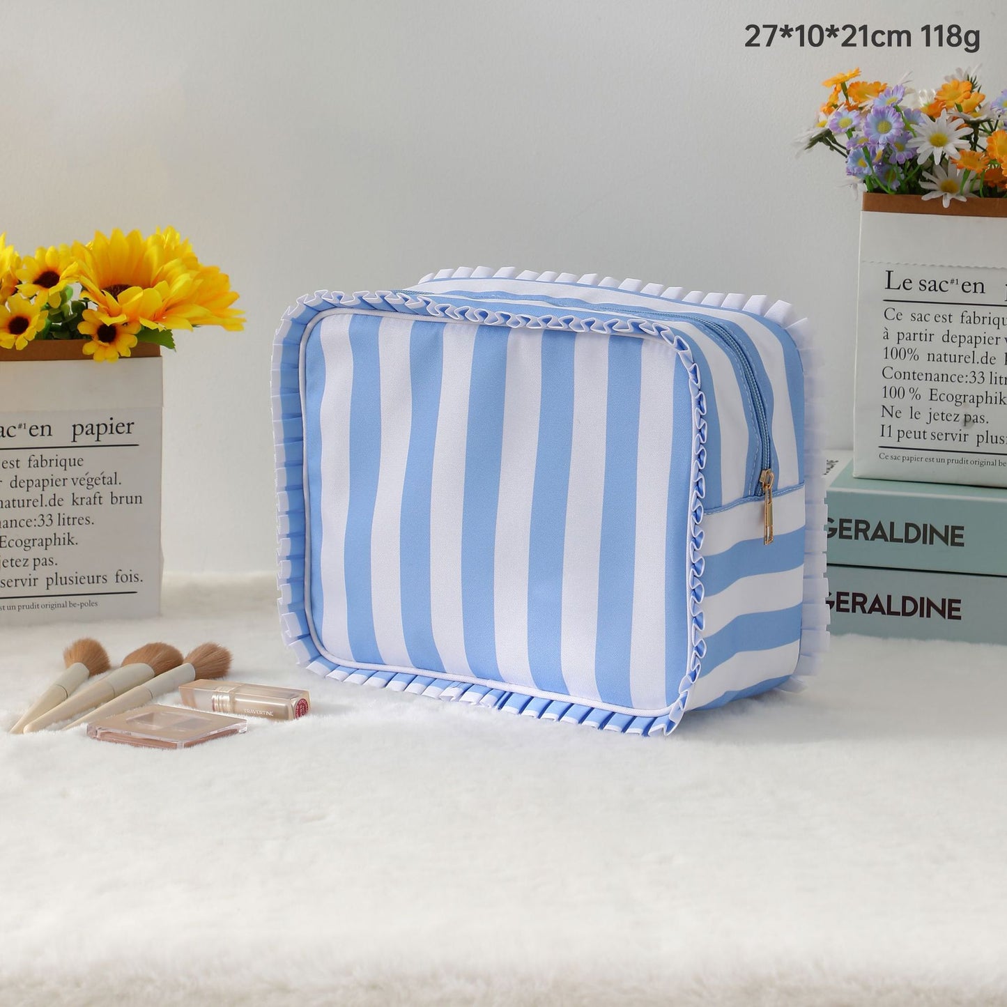 Striped Plaid Ruffles Cosmetic Bag Simple & Fresh Travel Makeup and Toiletry Pouch