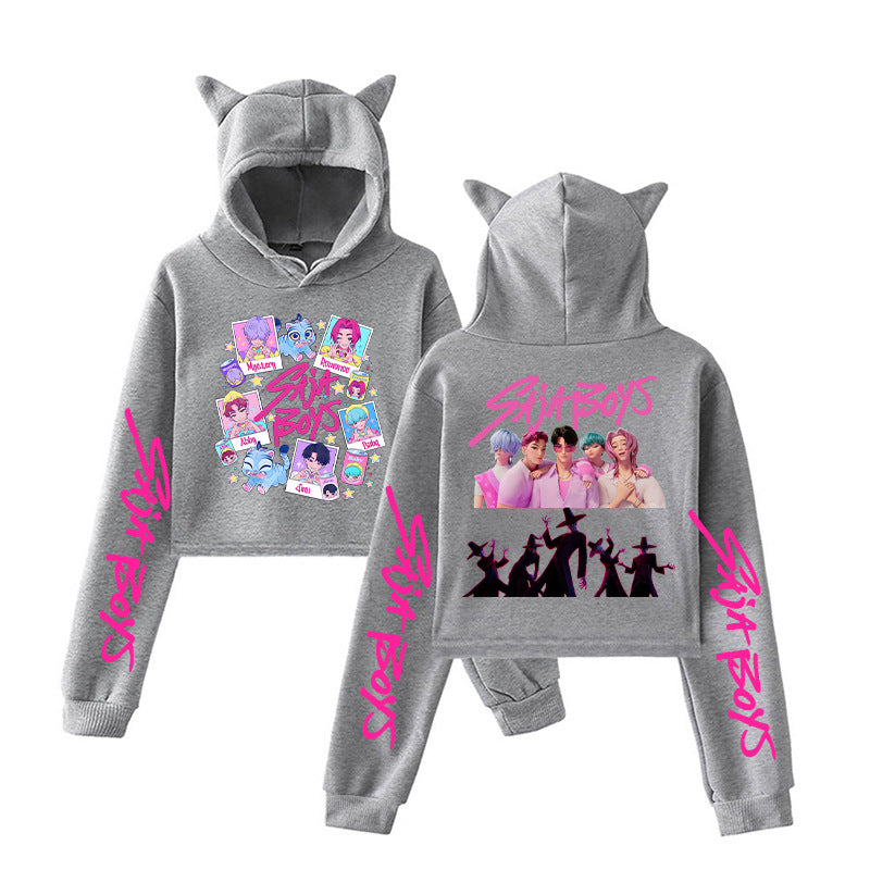 K-Pop Demon Hunters Printed Pink Navy Cat Ear Short Hoodie Anime Sweatshirt for Fall and Winter