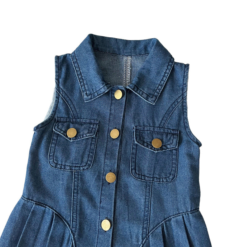 Girls Cotton Denim Pinafore Dress with Collar & Buttons