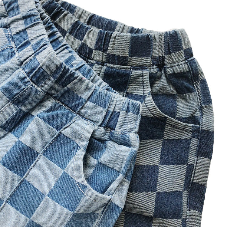 Summer Boys' Checkered Elastic Waist Pocket Denim Shorts