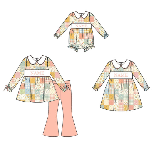 Personalized Girls Spring Floral Patchwork Smocked Outfits – Custom Name Embroidered Dress, Bubble Romper & Ruffle Flare Pants Set