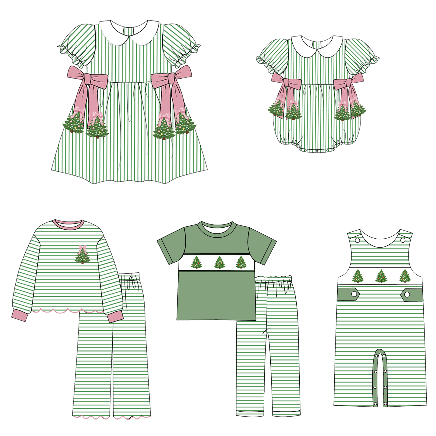 Christmas Tree Embroidered Sibling Matching Collection – Girls Dress, Romper & Two-Piece Sets, Boys Outfit & Sleeveless Romper