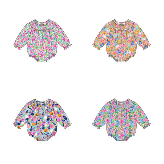 Baby Smocked Bubble Romper | Long Sleeve Floral Printed Infant Bodysuit | Fall Holiday Collection | Boutique Baby Outfit