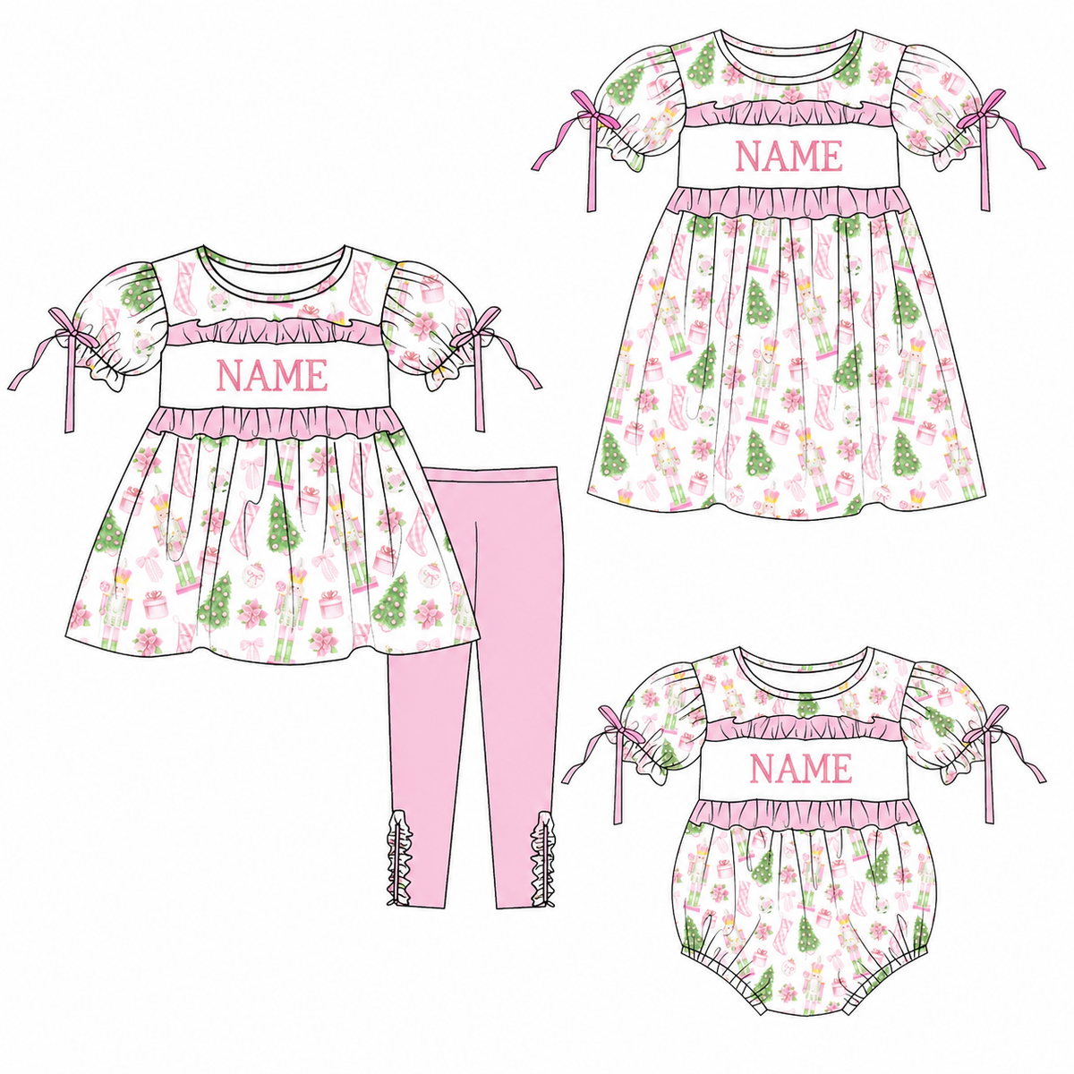 Personalized Pink Christmas Smocked Girls Outfit – Custom Name Nutcracker Dress, Ruffle Pants Set & Baby Romper