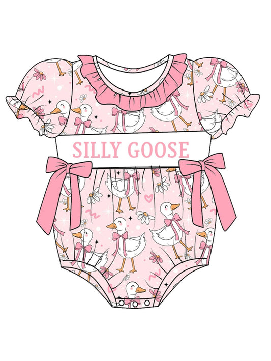 Baby Kids SILLY GOOSE Print Smocked Embroidered Romper