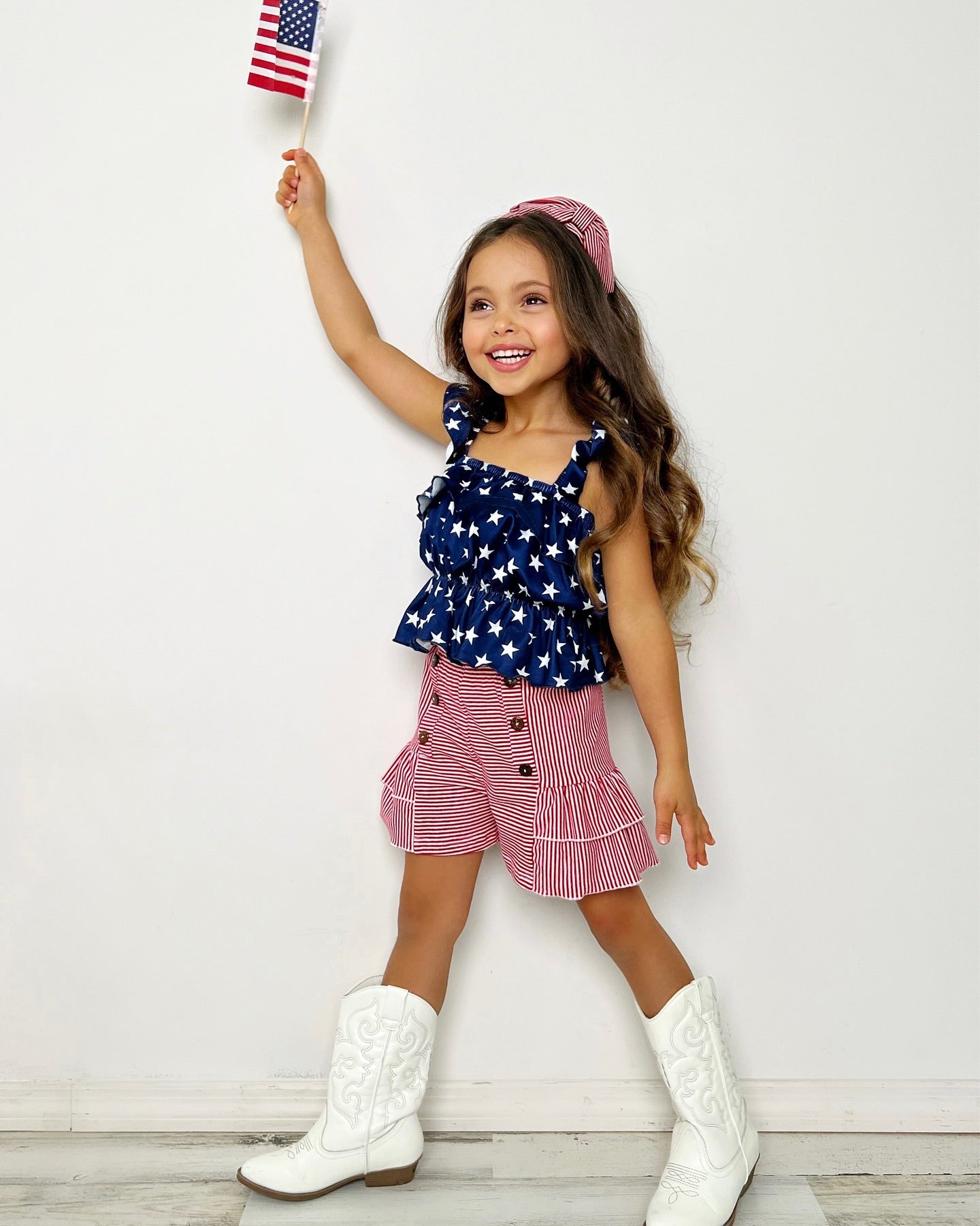 Girls Summer July 4th Navy Red Star Ruffled Short Set