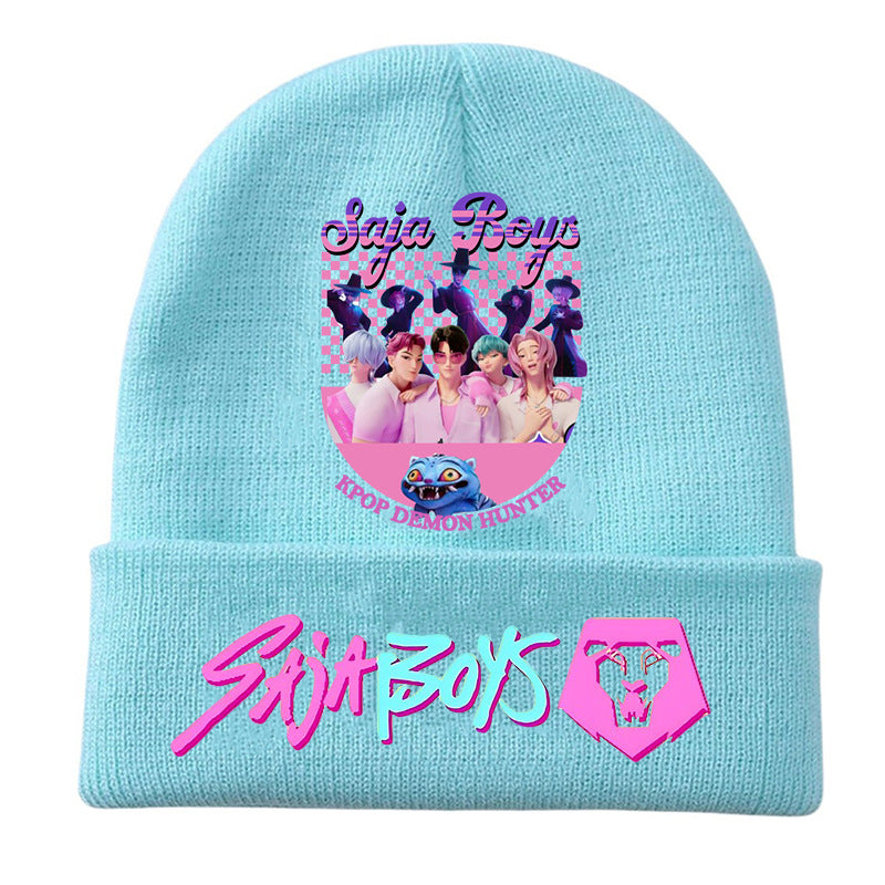K-Pop Demon Hunters Anime Beanie, Fashion Knitted Cuffed Hat with Print, Outdoor Adult Winter Cap