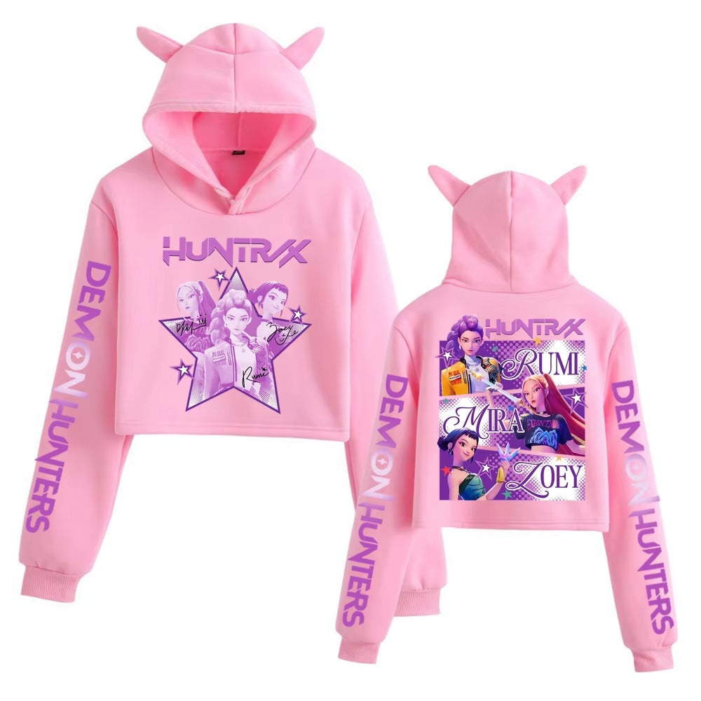 K-Pop Demon Hunters Printed Cat Ear Short Hoodie Anime Sweatshirt for Fall and Winter