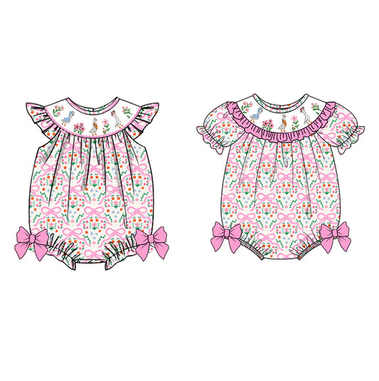 Girls Summer Pink Floral Silly Goose Smock Embroidery Romper