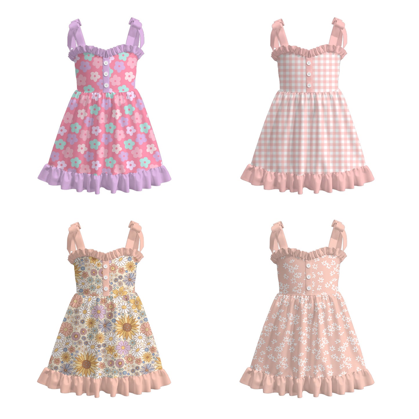 Girls Summer Floral Plaid Slip Ruffled Boutique Dress