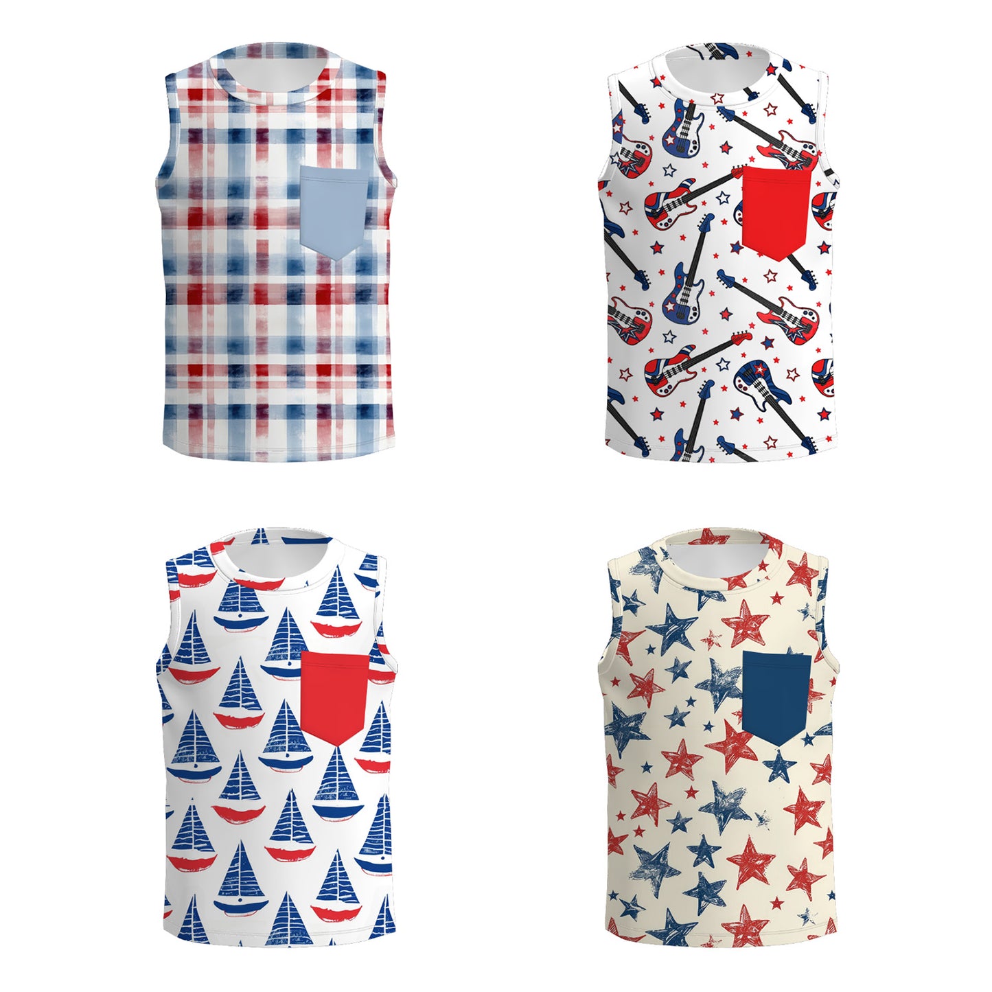 Boys 4th Of July Patriotic Red Blue Print Pocket Top