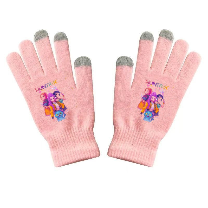 K-Pop Demon Hunters Kids Gloves for Boys and Girls Warm Dopamine Style Knitted Printed Gloves for Fall and Winter