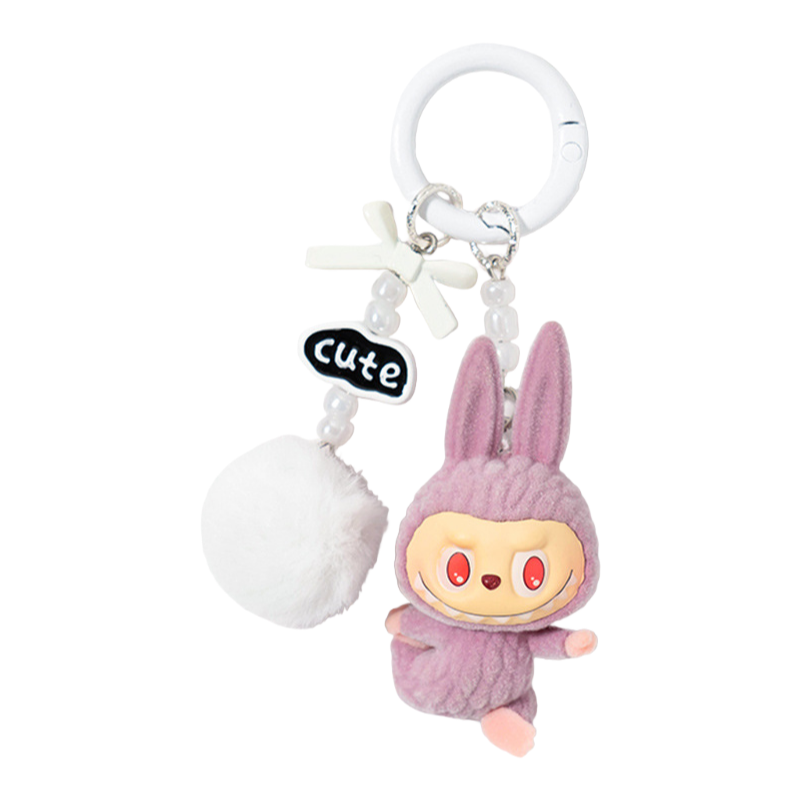 Flocked Labubu Yoga Figure Keychain – Cute Cartoon Phone Charm & Bag Accessory