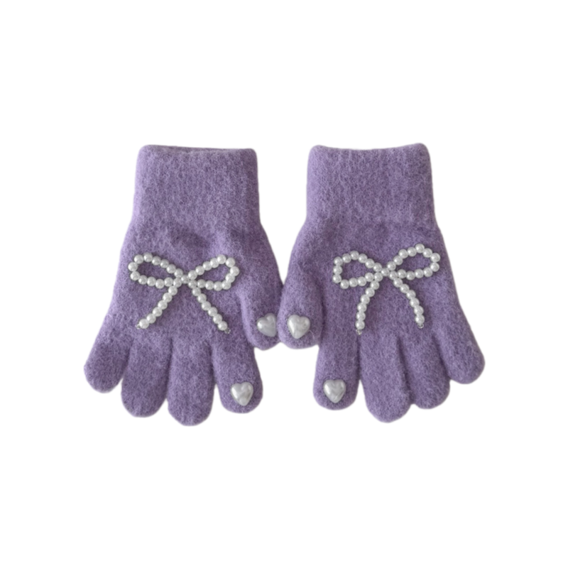 Winter Kids Gloves New Solid Color Bow and Pearl Decor Knitted Five-Finger Gloves for Girls
