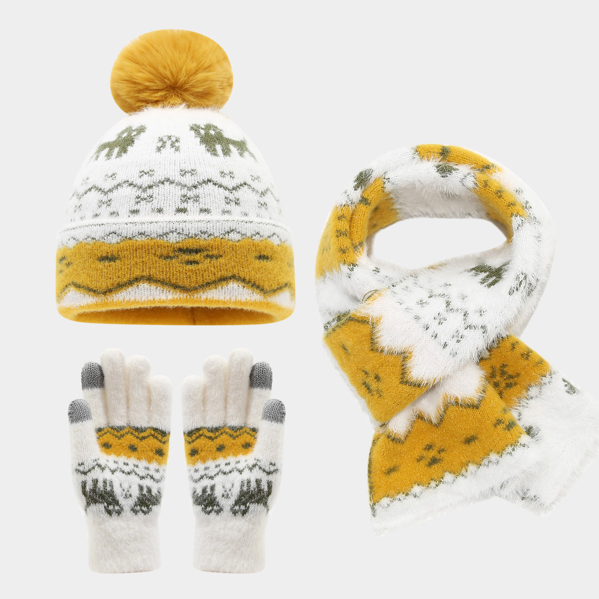 Kids’ Winter Hat, Scarf & Gloves 3-Piece Set – Pom-Pom Knit Beanie with Reindeer & Snowflake Patterns for Boys & Girls