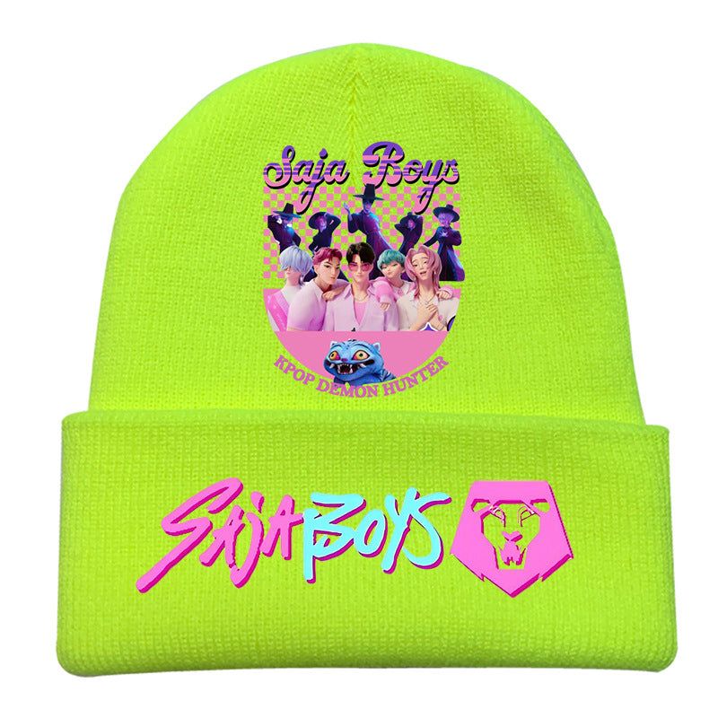 K-Pop Demon Hunters Anime Beanie, Fashion Knitted Cuffed Hat with Print, Outdoor Adult Winter Cap