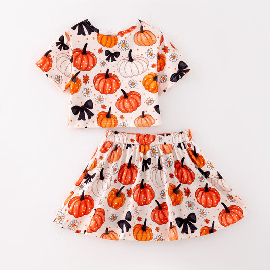 Girls Halloween Pumpkin Bow Outdoor Athletic Skirt Set