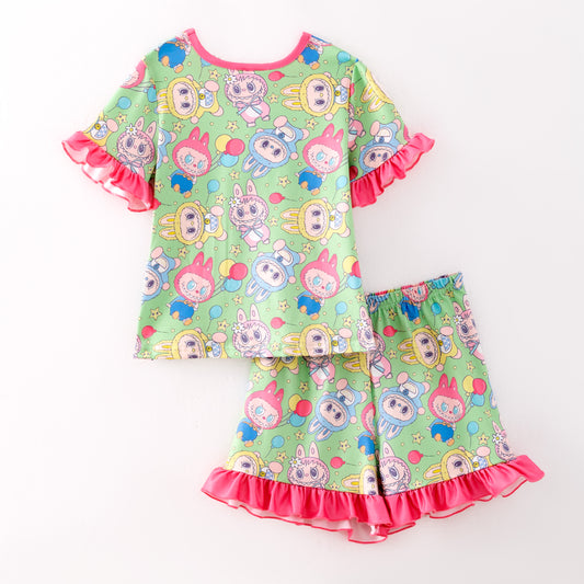Girls Summer Labubu Print Pink Ruffled Short Pajamas Set
